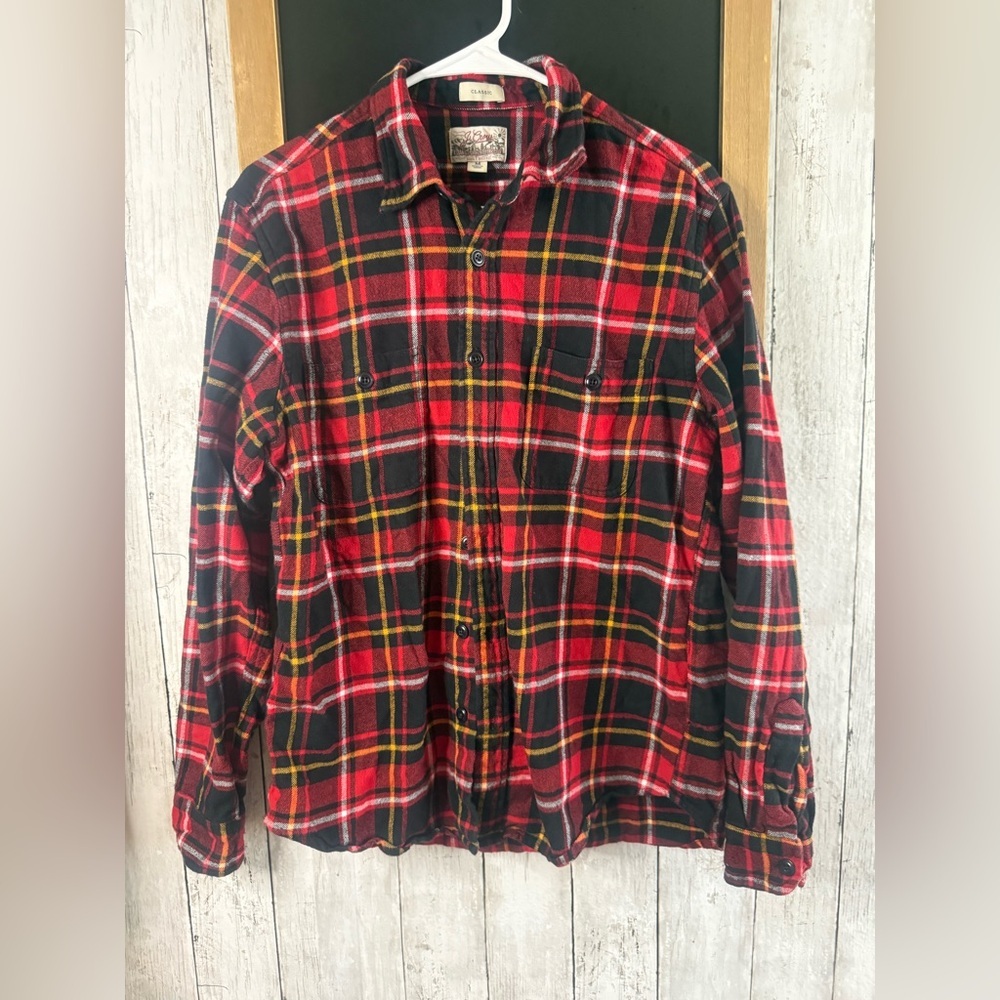 J Crew Mid Weight Flannel Double Brushed Classic Fit Red Black Orange Plaid 698